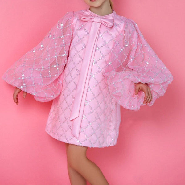 Elegant Baby Girls Pink Sequin Long Sleeve Cheongsam Toddler Flower Girl Dresses
