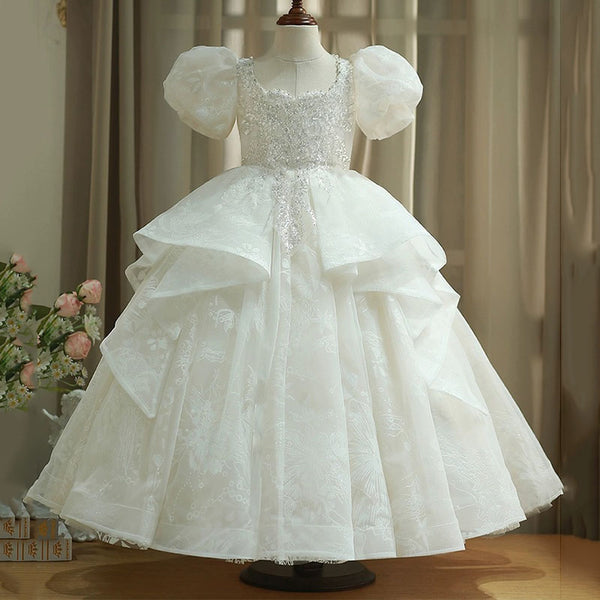 Girl Wedding Birthday Dress Sequin Pattern Puff Sleeve Princess Dress