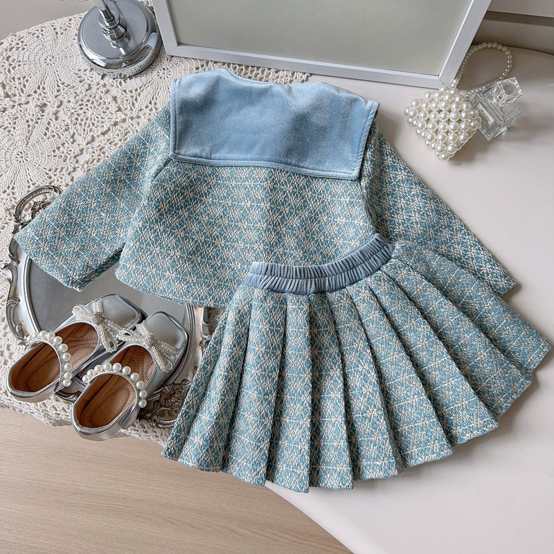 Girls' Cute Autumn Jacket and Pleated Skirt Two-piece Set