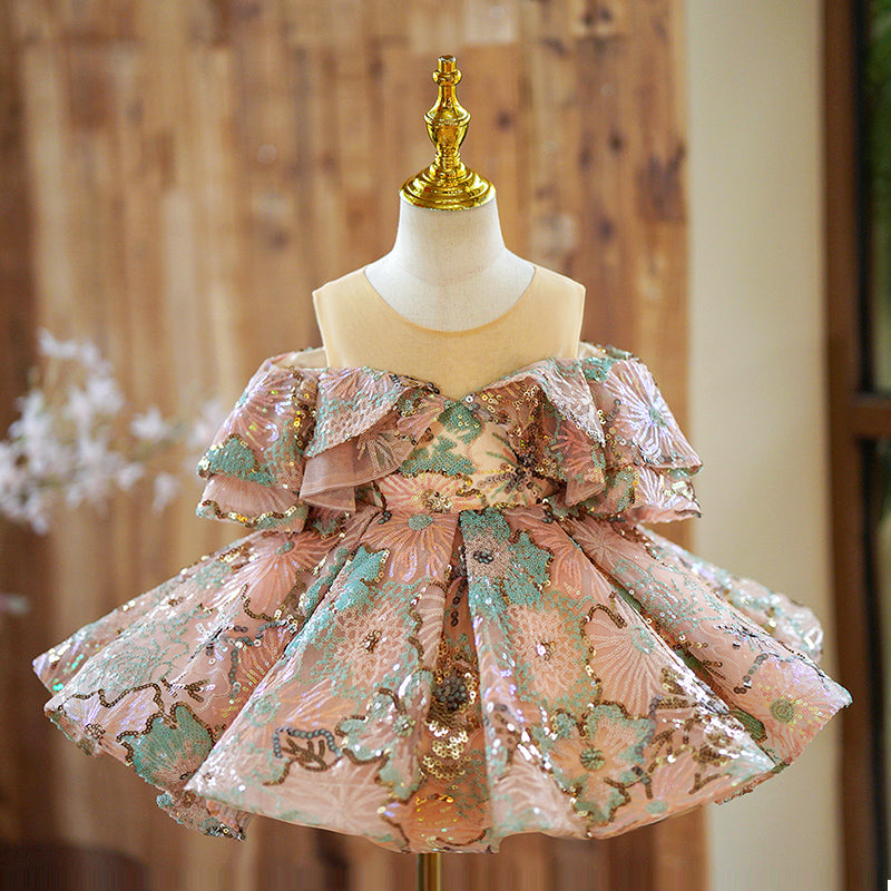 girls party dresses with elegant designs Princess Purple Flower Girl Purple sequin dress with Short Sleeves, Rehinestones, and Satin