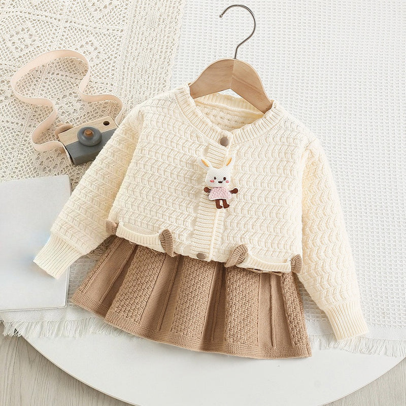 Girls' Cute Cartoon Knitted Cardigan Short Skirt Two-Piece Set