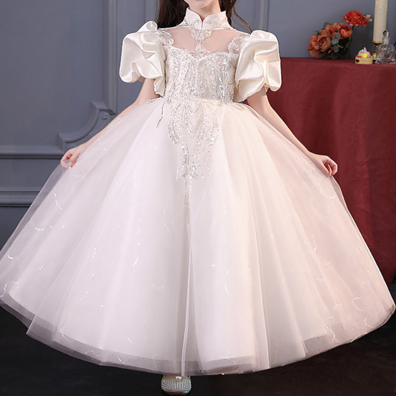 Baby Girl Wedding Birthday Pageant Stand Collar Mesh Princess Dress