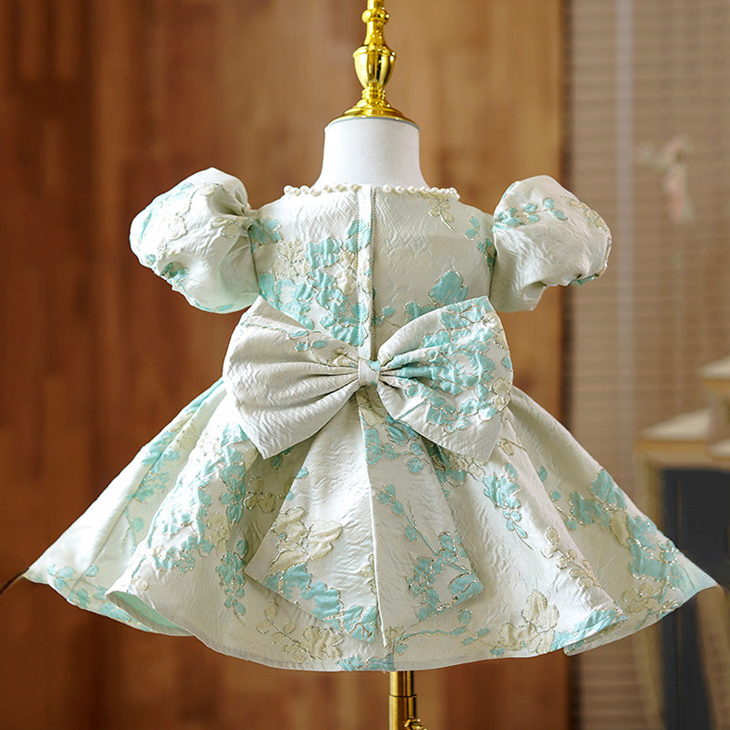 Elegant Baby Girls White Green Jacquard Pattern Puff Sleeve First Year Dress Princess Dresses For Girls