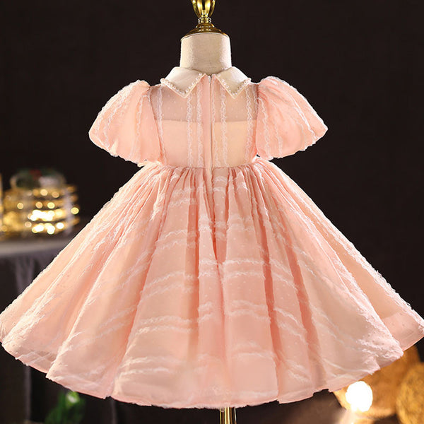 Sweet Baby Pink Puff Sleeve Doll Collar Princess Dress Toddler Bow Flower Girl Dress