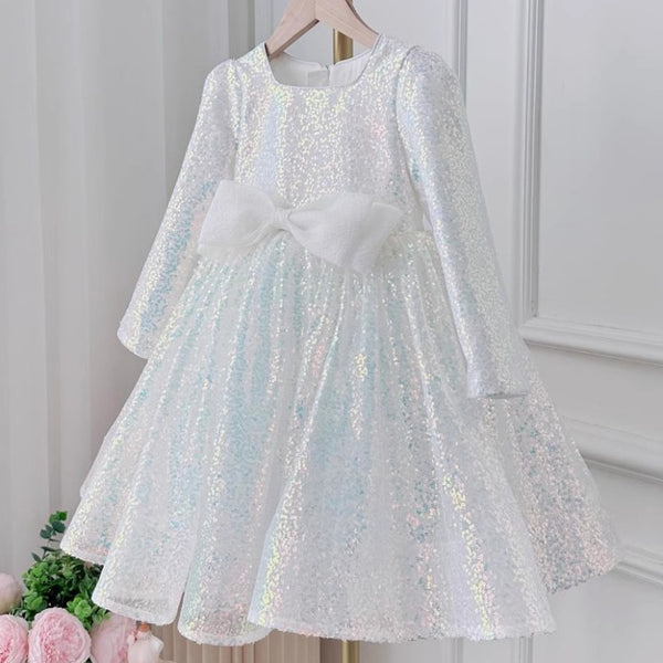 Elegant Baby Girls White Long Sleeve Sequin Bow Dress Toddler New Year's Formal Dress