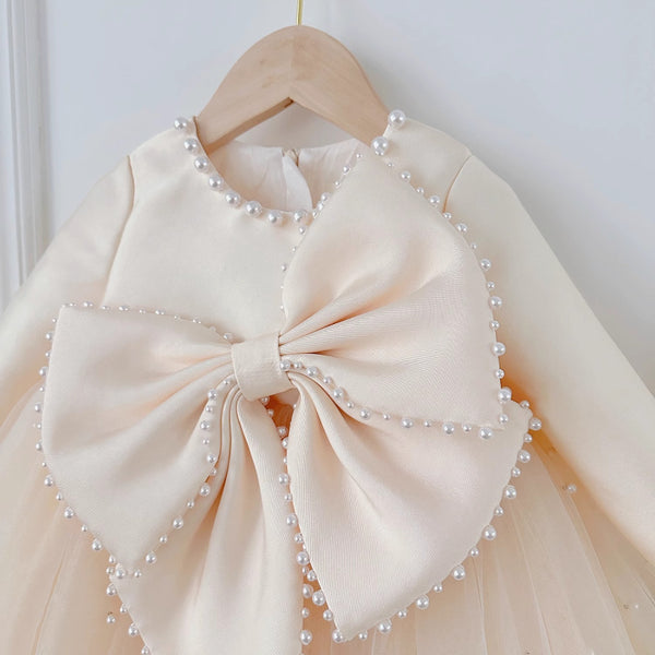Elegant Baby Girl Long-sleeved High-waist Big Bow Pearl Tulle Dress Toddler First Communion Dress
