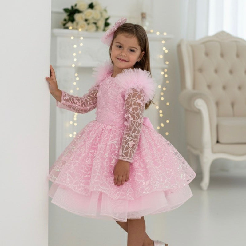 New Girls Pink Birthday Dress Flower Girl Cute Princess Dress