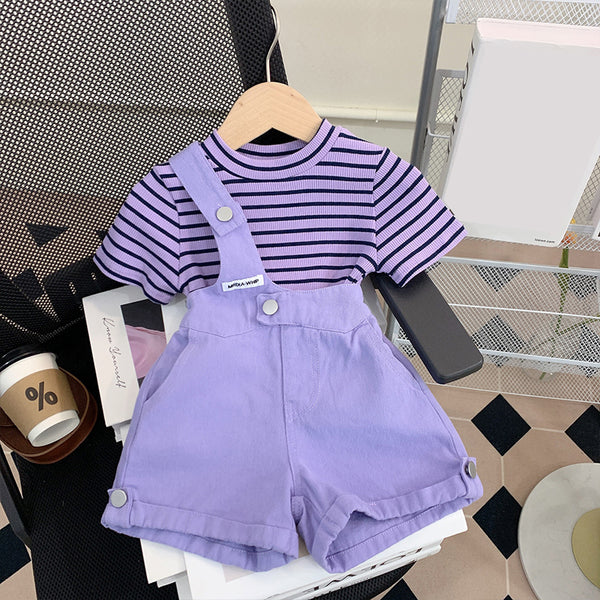 Cute Baby Girl Purple Striped Waistcoat Overalls Two-piece Set