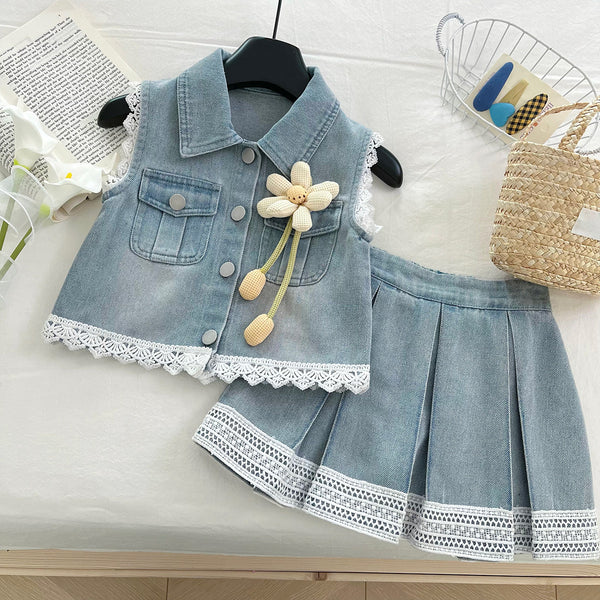 Summer Girls Denim Lace Vest Short Skirt Two-piece Set
