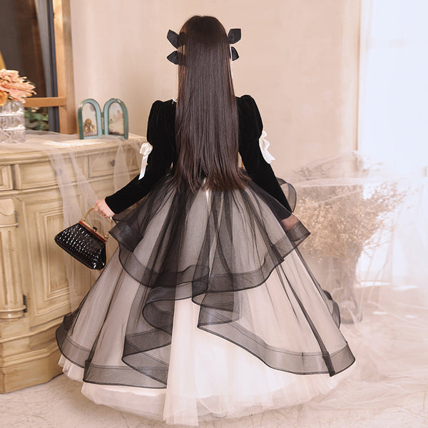 Elegant Baby Girls Black and White Long Sleeve Puffy Performance Princess Dress Toddler Birthday Party Princess Dress