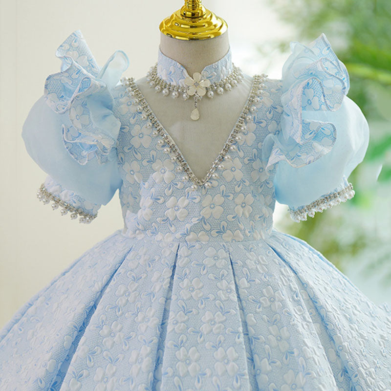 Baby Girl Pearl Neckline Puff Sleeves Flower Pageant Princess Dress