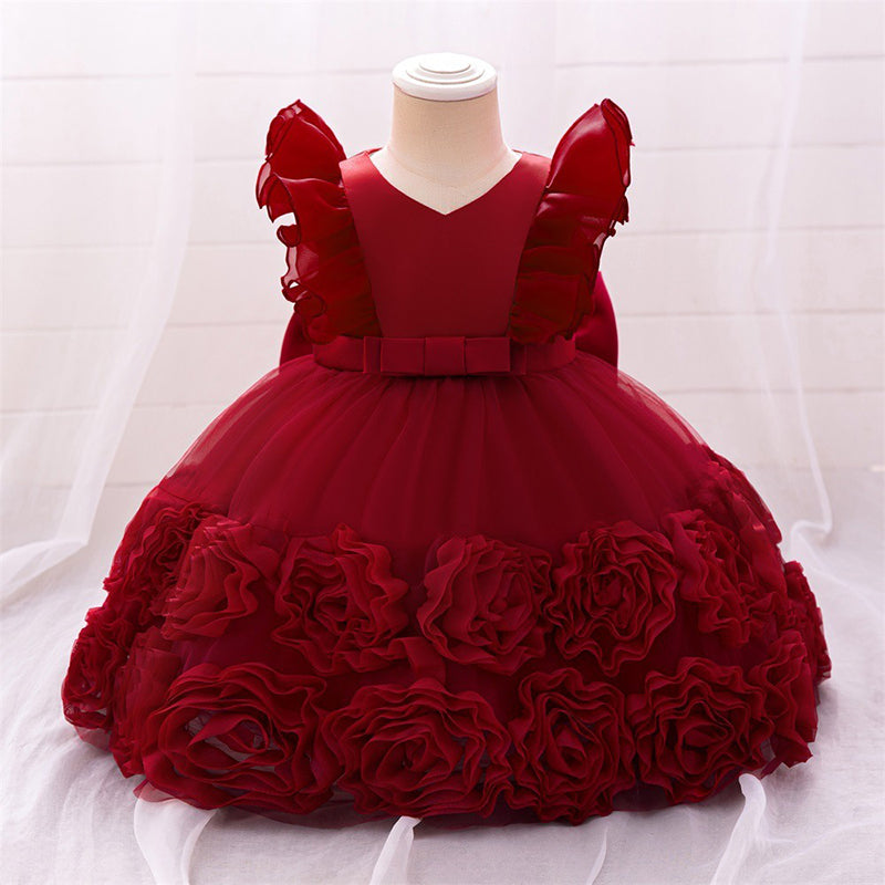 Birthday Dress with Floral Skirt and Small Flying Sleeves