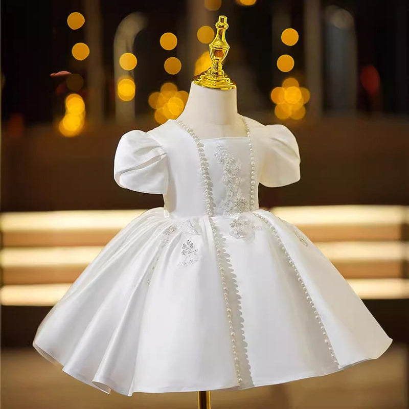 Children's White Birthday Dress Princess Dress with Pearls