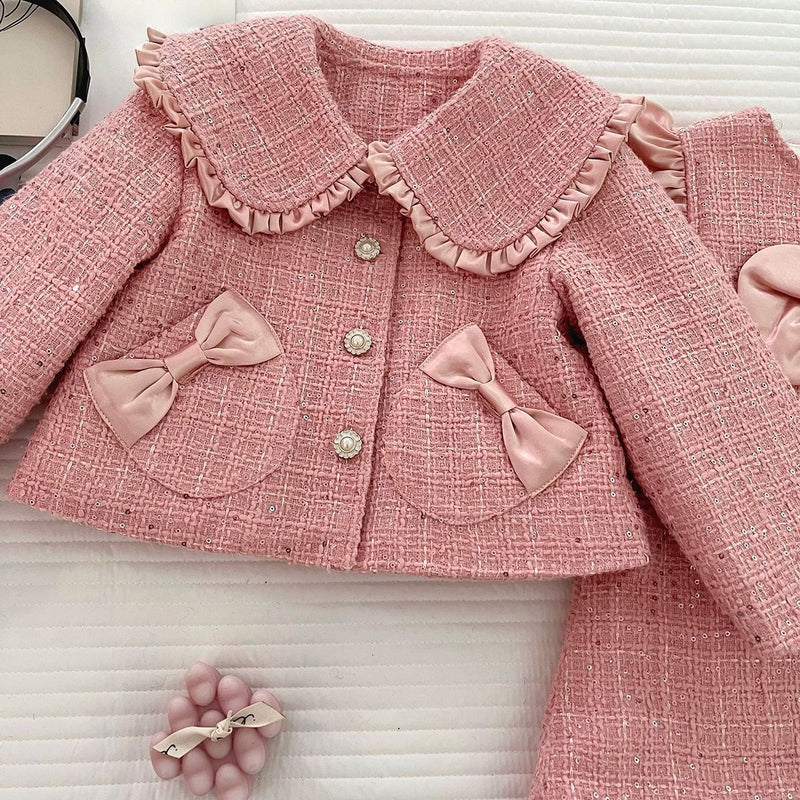 Girls' Winter Bow-Tie Coat Vest Dress Two-Piece Set