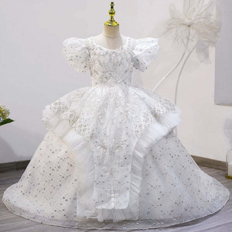 Flower Girl Wedding Pageant Sequin Tail Princess Dress