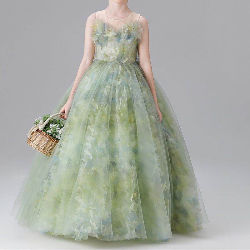Girls Green Elegant Dress Children Birthday Princess Dress