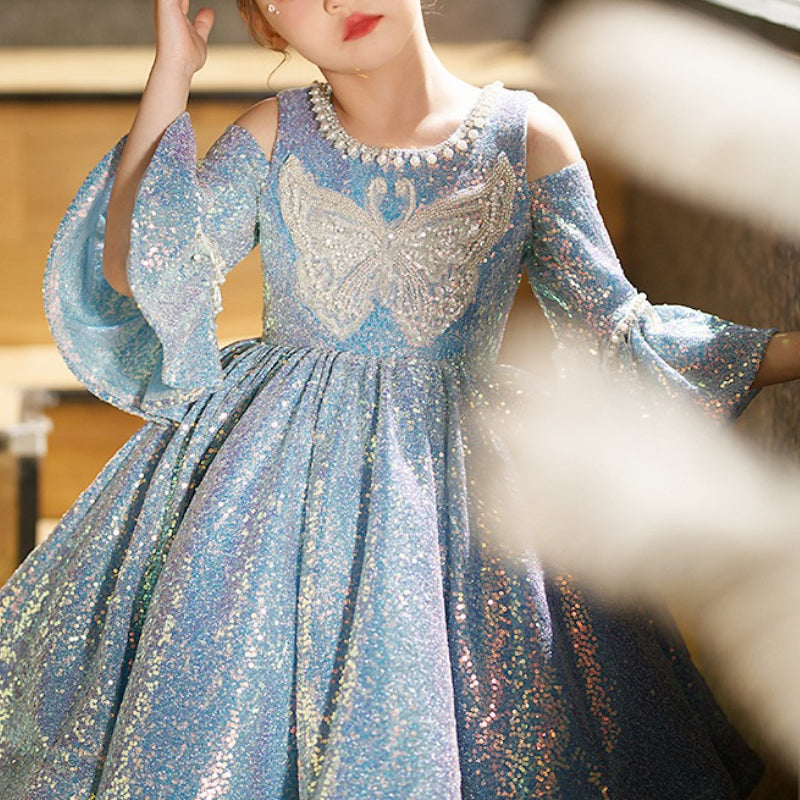 Girl Child Shoulder Cutout Trumpet Sleeve Pearl Sequins Princess Dress