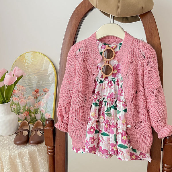 Baby Girl Autumn Knitted Cardigan Floral Dress Two-piece Set
