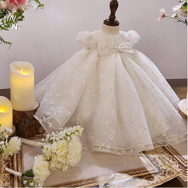 Flower Girl Patterned Puff Sleeve Bow-knot Communion dress