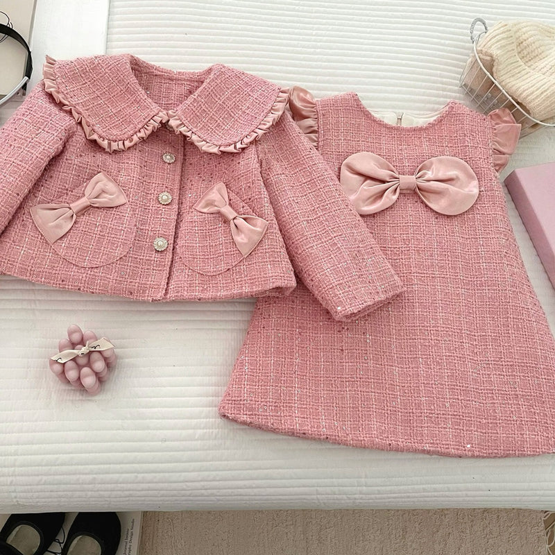 Girls' Winter Bow-Tie Coat Vest Dress Two-Piece Set