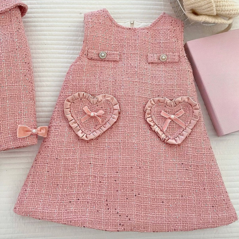 Girls' Winter Heart-Shaped Lace Coat Vest Dress Two-Piece Set
