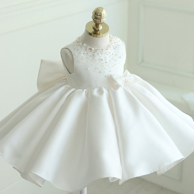 Toddler Birthday Party Wedding Baptism Dresses Bow Bead Princess Dress