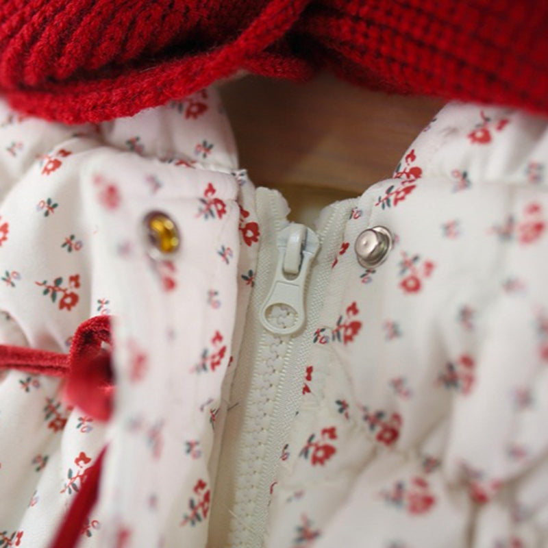 Girls' Winter Floral Print Scarf Hooded Cotton Coat