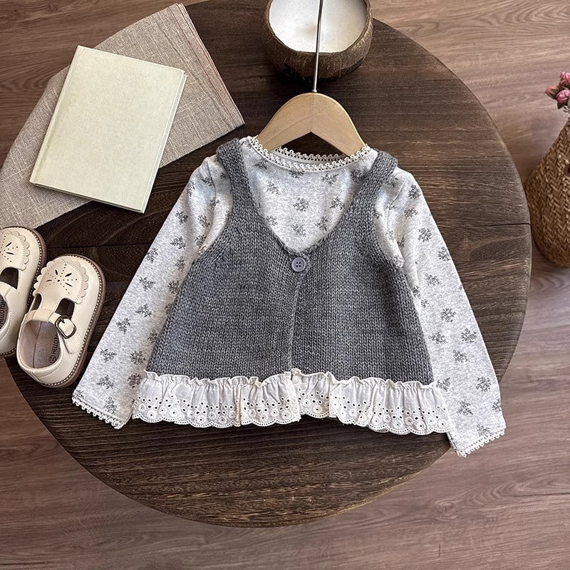 Girls' Autumn Knitted T-shirt Vest Pants Three-piece Set