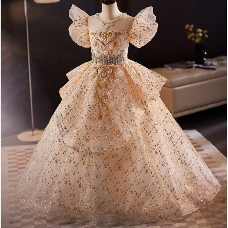 Girl Pageant Champagne Sequin Pearl Fluffy Princess Dress Girl Pageant Champagne Sequin Pearl Fluffy Princess Dress