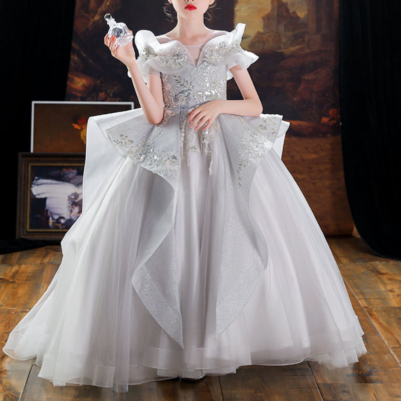 Flower Girl Birthday Princess Fluffy Girls Formal Dress, Silver / 2-3 Years (100cm) Flower Girl Birthday Princess Fluffy Girls Formal Dress, Silver / 2-3 Years (100cm)