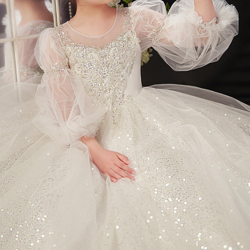 Girls White Sequin Dress Children Birthday Princess Dress