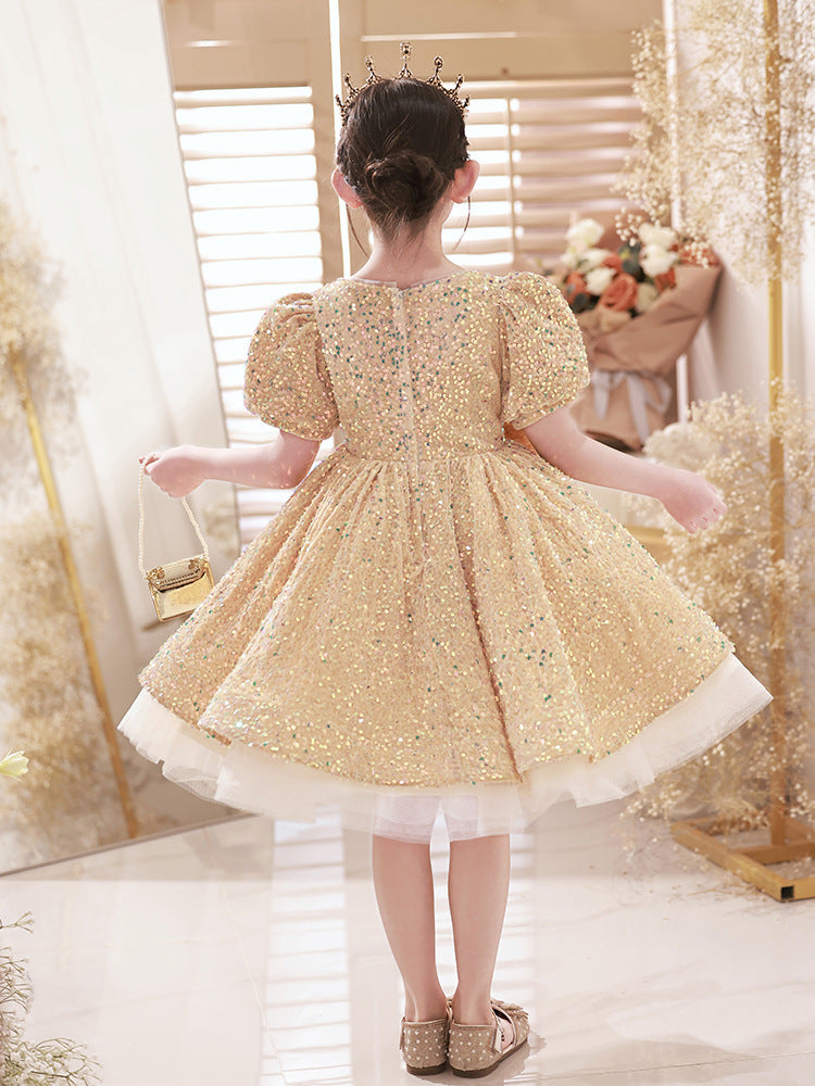 Cute Girls Gold Sequined Piano Performance Birthday Party Princess Dress