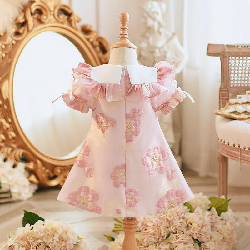Sweet Baby Girls Pink Floral Doll Collar Birthday Dress Toddler Princess Dress