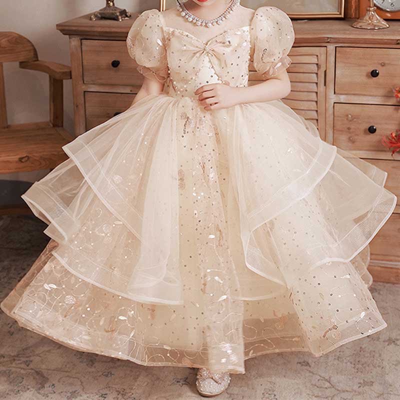 Cute Baby Girl Birthday Party Dress Beaded Bow Princess Dress