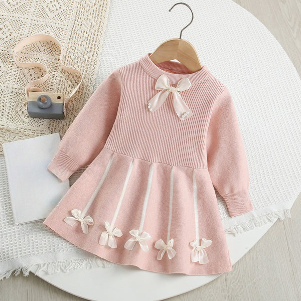 Girls' Autumn New Bow Knitted Dress