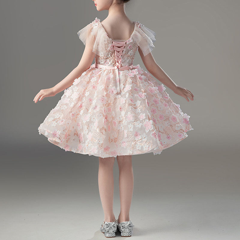 Cute Baby Girls Butterfly Sleeve V-neck Tutu Dress Toddler Flower Girl Catwalk Performance Princess Dress