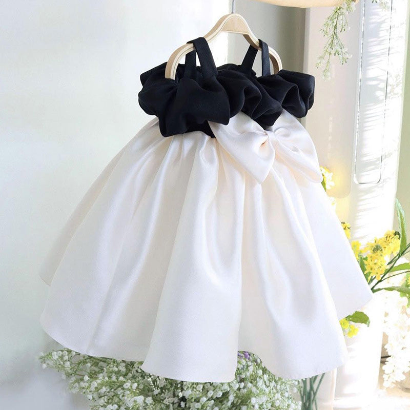 Elegant Baby Girls Black and White Contrast Color Bow Sling Princess Dress Toddler Communion Dress