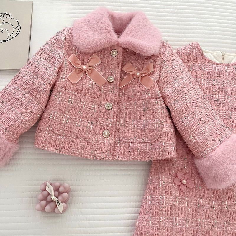 Girls New Winter Coat Vest Dress Two-piece Set