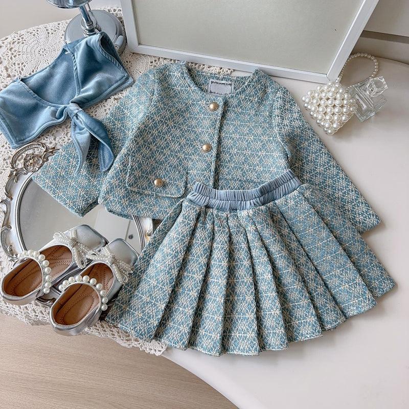 Girls' Cute Autumn Jacket and Pleated Skirt Two-piece Set