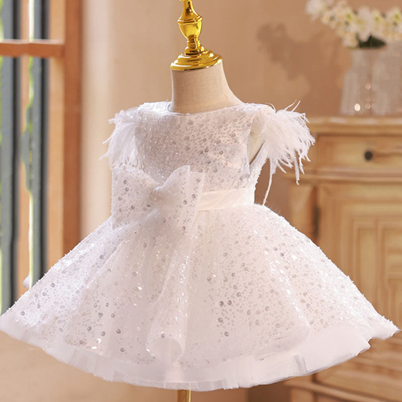 Cute Flower Girl Sleeveless Fringe Removable Bow Sequins Princess Dress