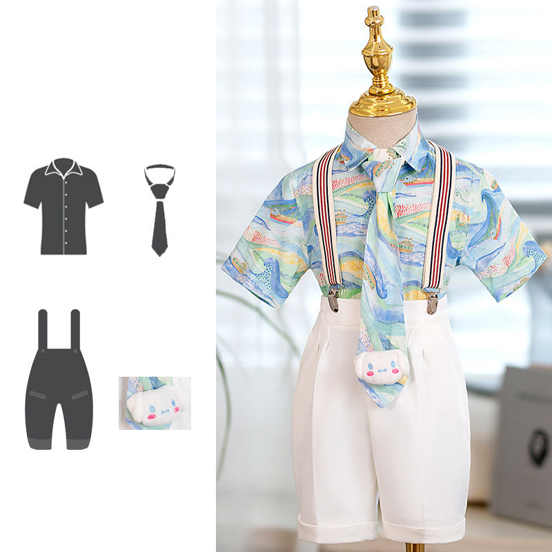 Boy Summer Baby Flower Shirt Overalls British Suit Set