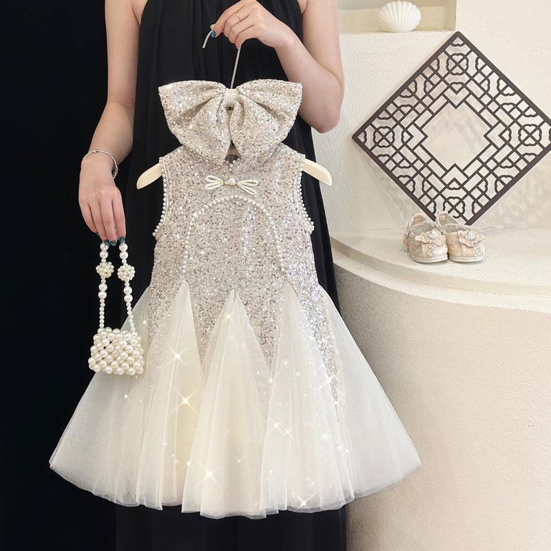Summer Girls Birthday Dress Flower Girl Sequin Princess Dress, Beige / 7-8 Years (140cm) Summer Girls Birthday Dress Flower Girl Sequin Princess Dress, Beige / 7-8 Years (140cm)