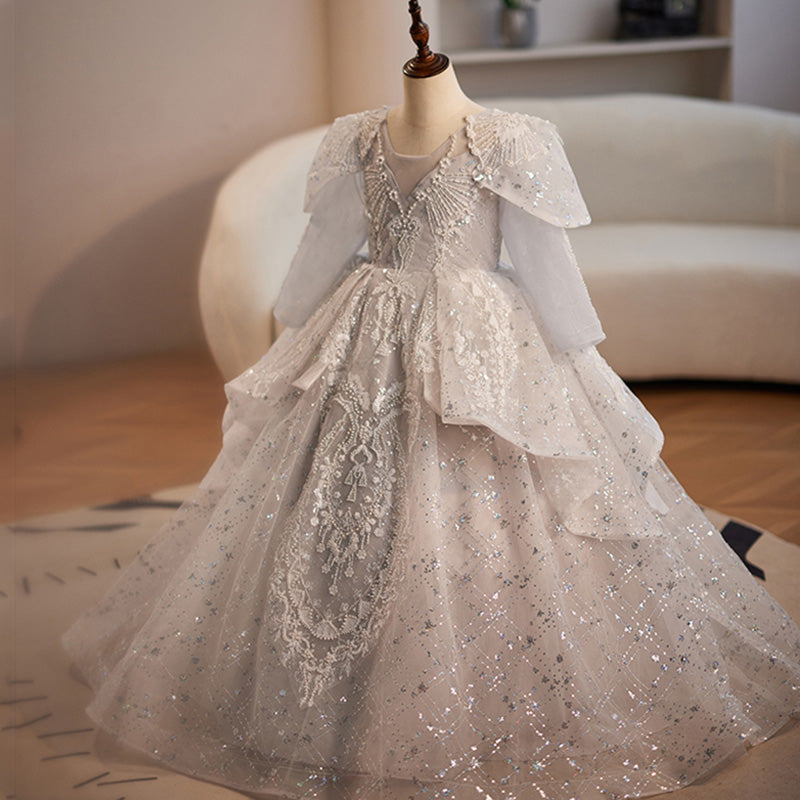 Elegant Baby Girls Jacquard Sequin Silver Long Sleeve Birthday Dress Toddler Pageant Dress