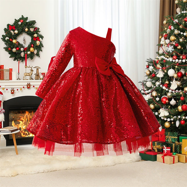 Girls Red Sequin Birthday Princess Dress Girls Prom Bow Dress