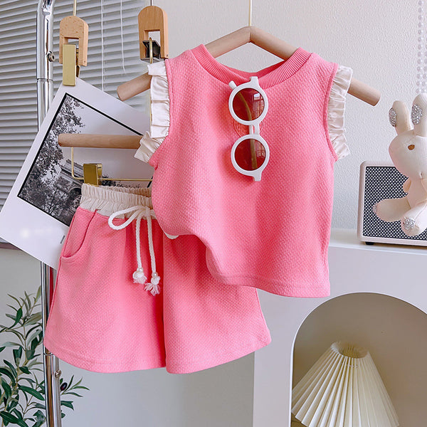 Girls Pink Love Sleeveless Short-sleeved Casual Shorts Two-piece Set