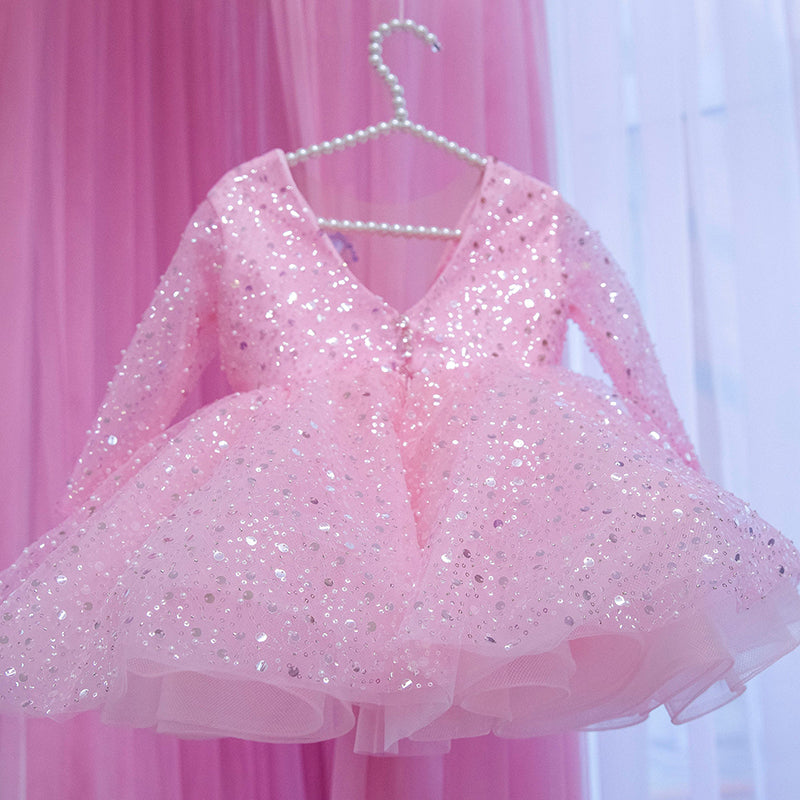 Pink Birthday Girl Dress Shinning Flower Girl Dress First Birthday Prom Dress