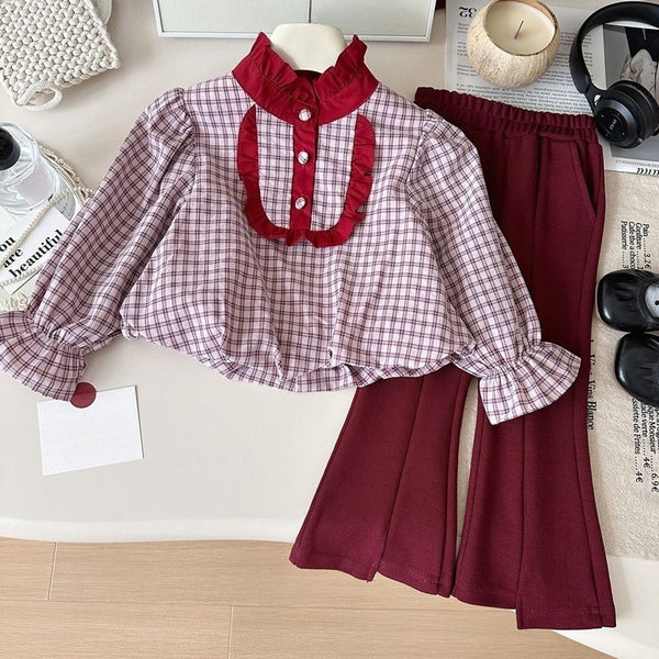 Girls' Stand Collar Plaid Babydoll Shirt and Flared Pants Two-Piece Set