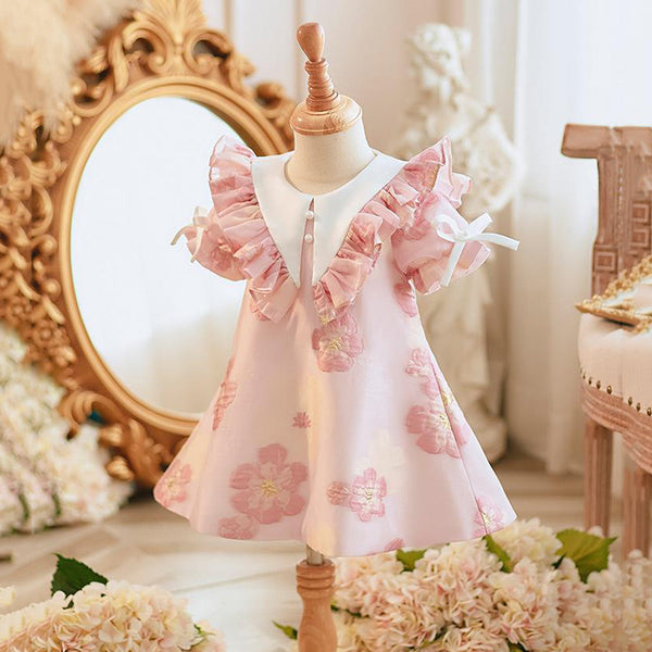 Sweet Baby Girls Pink Floral Doll Collar Birthday Dress Toddler Princess Dress