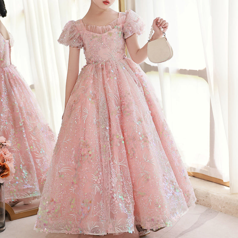 Girls Birthday Princess Dress Pink Flower Girl Wedding Dress