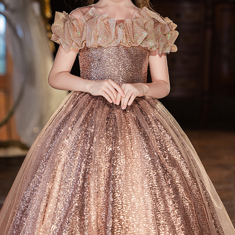 sequin dress for girls Gisele - Rose Gold knee silhouette is accented by long sheer panels at the sides and back for a playful Theme Girls Davie Black Disco